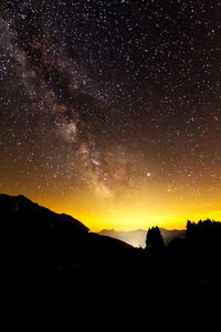 Scenic view of silhouette mountain against sky at night