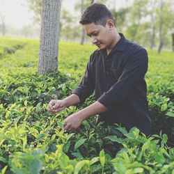 Smiling plant plucking leaf on plants