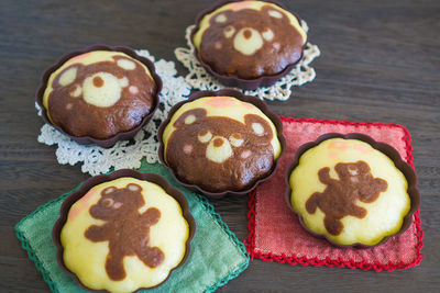 High angle view of bear cupcakes on table
