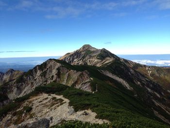 Scenic view of mountains against clear blue sky