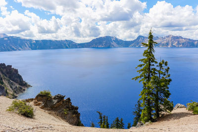 Scenic view of lake and mountains against sky