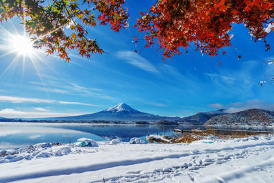 Scenic view of snowcapped mountains against blue sky