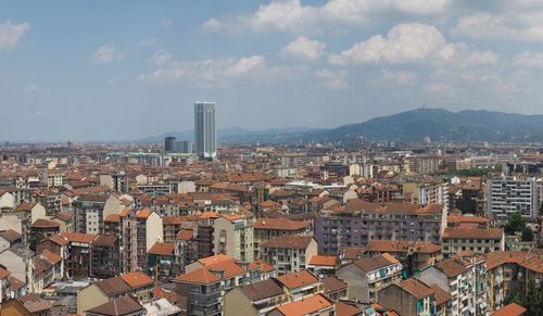 High angle view of townscape against sky