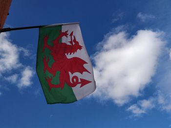 Low angle view of flag against sky