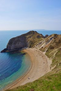 Scenic view of sea against clear blue sky