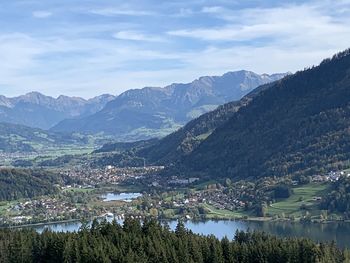 Scenic view of lake and mountains against sky