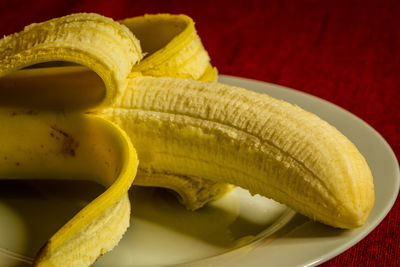 High angle view of bananas in plate on table