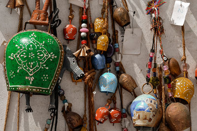 High angle view of decorations hanging in market