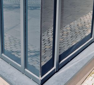 High angle view of building seen through window