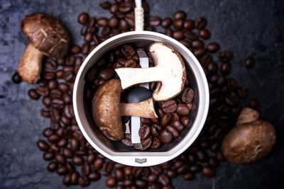 High angle view of coffee beans on table