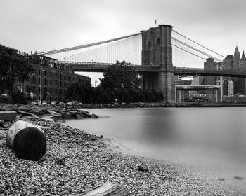 Bridge over river with city in background