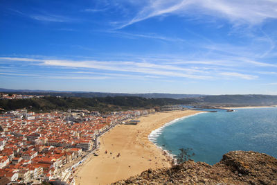 High angle view of beach against blue sky