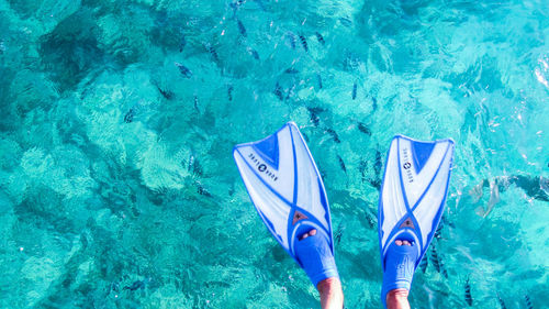 Low section of person wearing diving flippers over turquoise sea