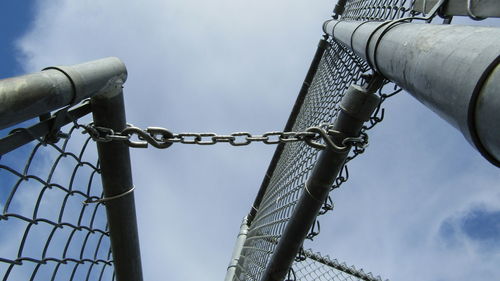 Low angle view of chainlink fence against sky