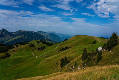 Panoramic view of swiss mountains and lake lucerne.