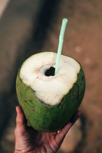 Close-up of hand holding coconut 