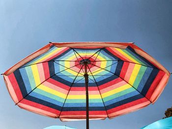 Low angle view of colorful umbrella against clear sky