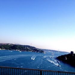 View of cityscape against clear blue sky