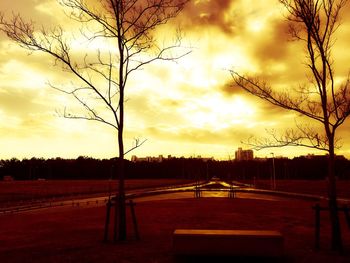 Silhouette of bare trees on landscape against sunset sky