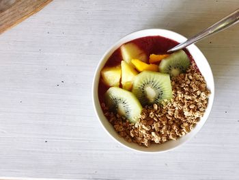 Close-up of breakfast in bowl on rock