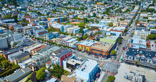 High angle view of buildings in city