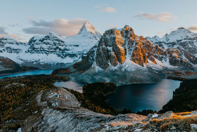 Scenic view of mountains and river against cloudy sky