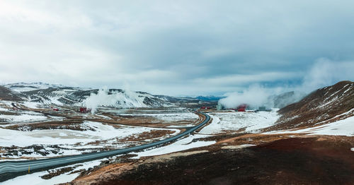 Aerial view of the krafla power plant in iceland.