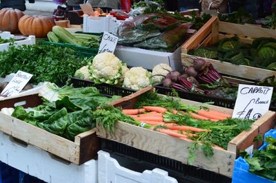 High angle view of vegetables for sale at market stall
