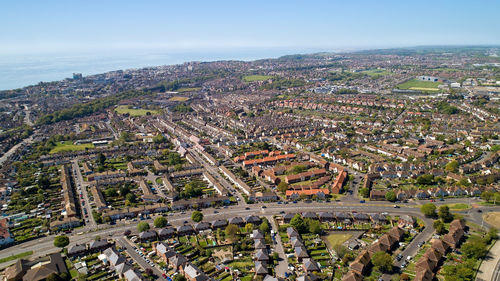 High angle view of city street against sky