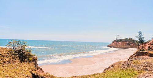 Scenic view of beach against clear sky