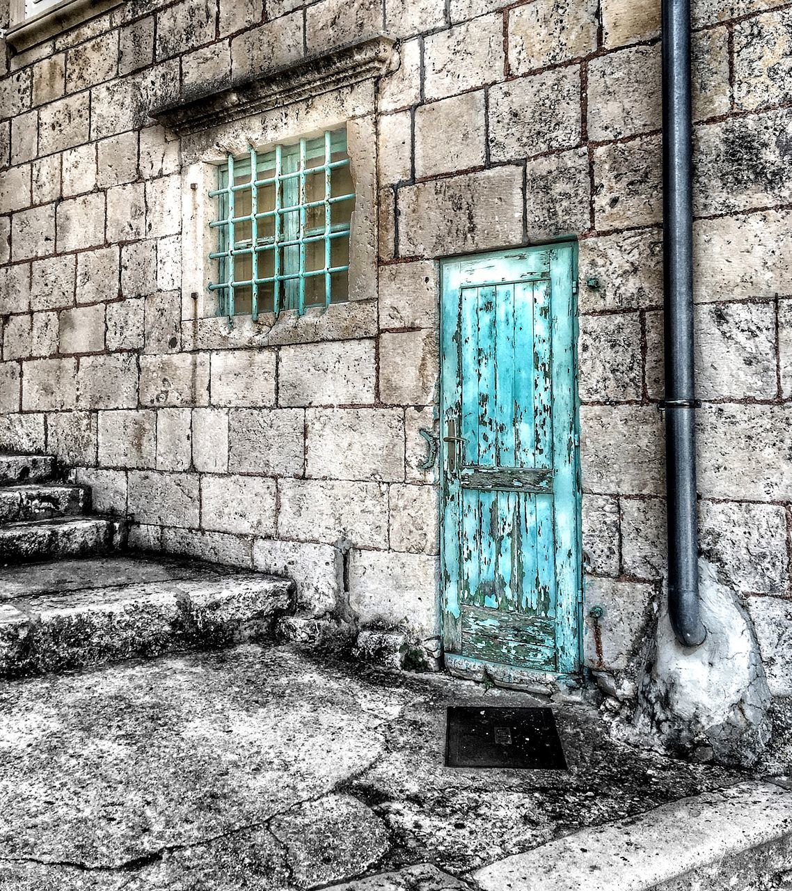 architecture, built structure, building exterior, wall, wall - building feature, window, no people, building, day, abandoned, brick, old, brick wall, house, outdoors, door, weathered, entrance, closed, run-down, turquoise colored