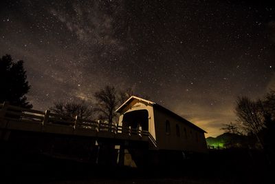 Low angle view of railway bridge and trees against starry sky