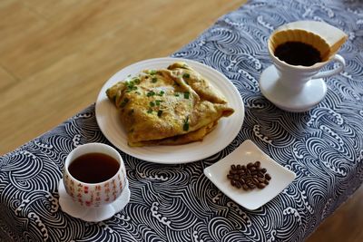 High angle view of breakfast on table