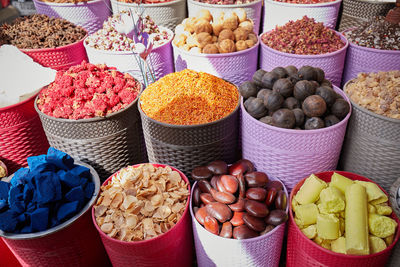 High angle view of various fruits for sale at market stall