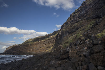 Scenic view of sea and mountains against sky