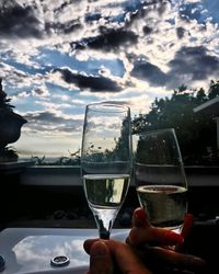 Man holding glass of wine against sky