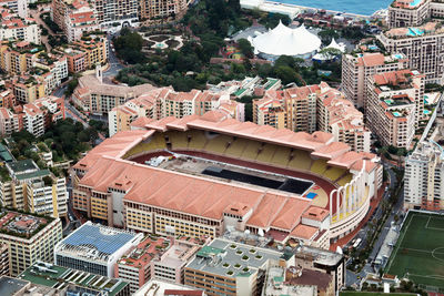 High angle view of city buildings