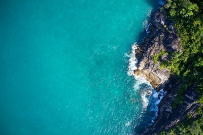 Drone field of view of secret cove with turquoise water meeting the forest of mahe, seychelles.