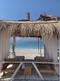 Built structure on beach against clear sky