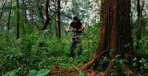 Man cycling by trees at forest