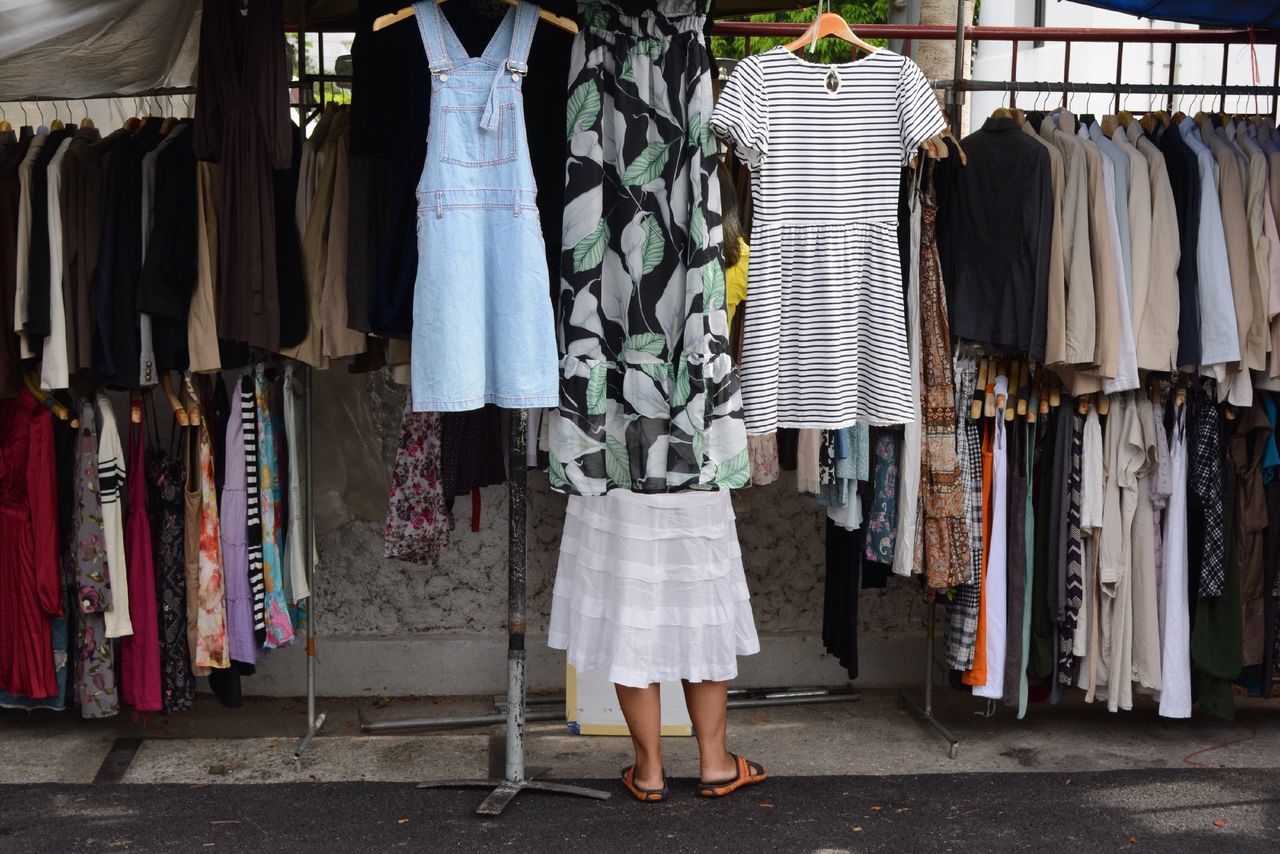 retail, rear view, men, person, standing, market, for sale, store, hanging, choice, lifestyles, shopping, walking, market stall, in a row, variation, clothing, street