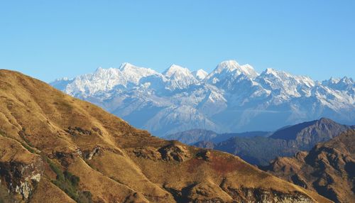 Low angle view of mountains against clear blue sky