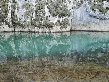 Reflection of rocks on water against wall
