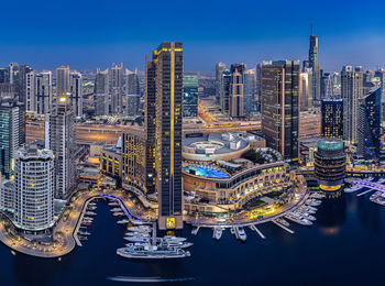 Blue hour panoramic view of dubai marina