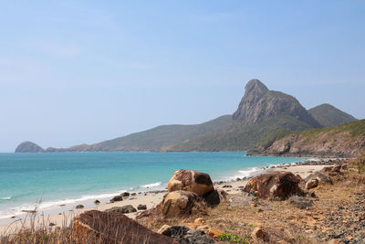 Scenic view of bay against sky