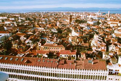 High angle shot of townscape against sky