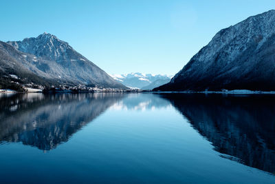 Scenic view of lake and mountains against sky