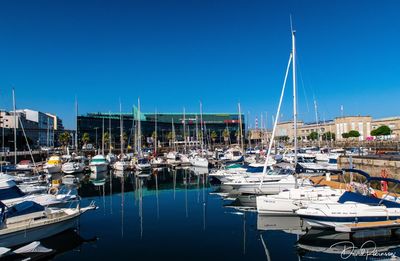 Sailboats moored at harbor against clear blue sky