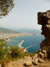 High angle view of bay against sky