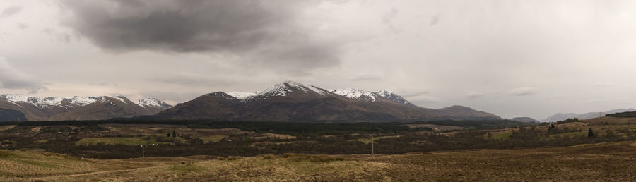 Scenic view of mountains against cloudy sky